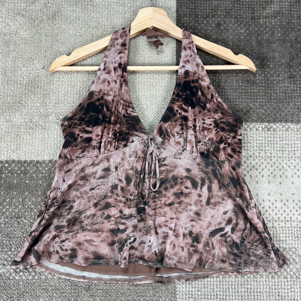 Rebellious Dreamer Brown Abstract Animal Print‎ Mesh Halter Top Womens Medium
